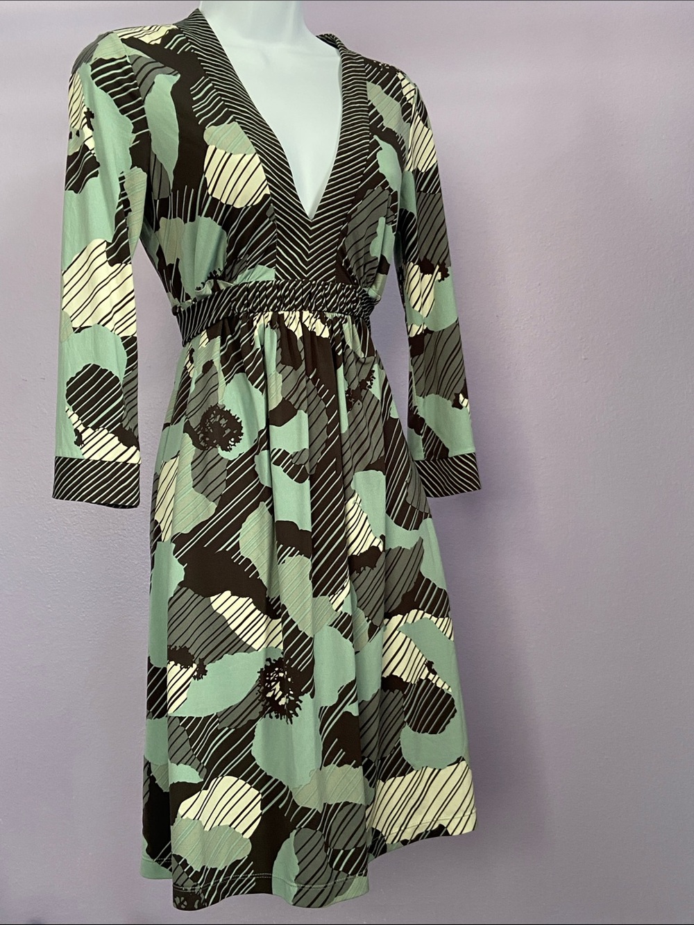 BCBGMaxAzria Mint Green, Brown & Cream V-Neck Long Sleeve Dress